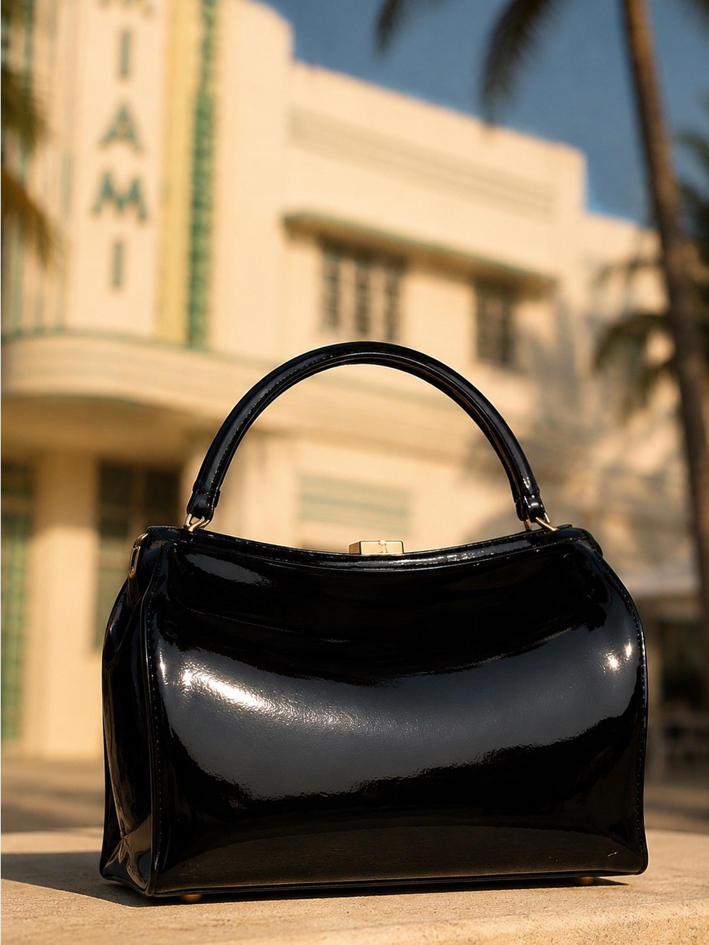Vintage 1950s Theodor of California Black Patent Leather HandBag Top Handle